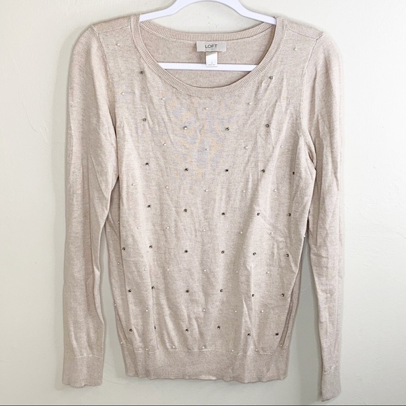 LOFT Factory Ann Taylor Pearl Jeweled Tan Sweater - Picture 1 of 7